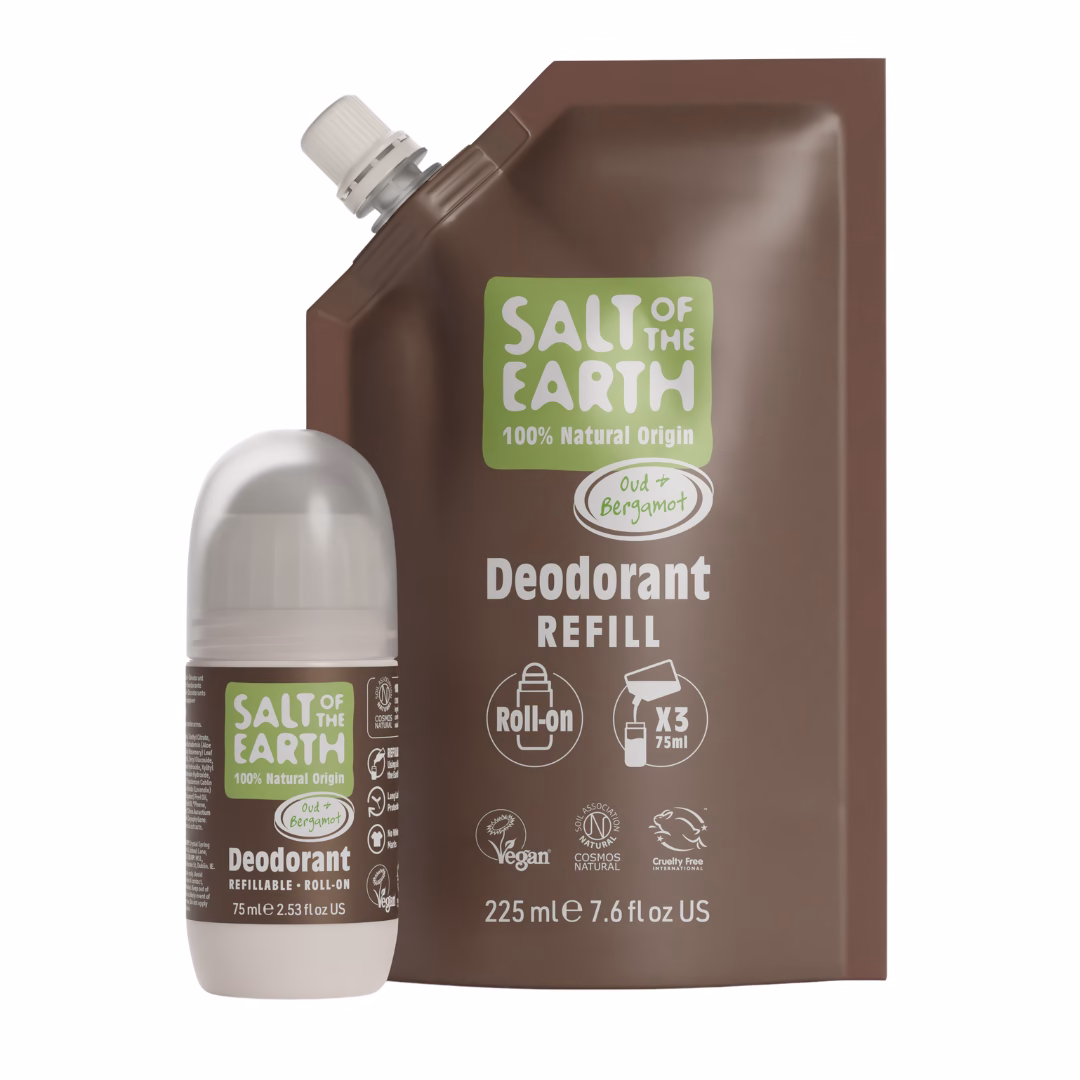 Salt of the Earth - Oud & Bergamot Natural Refillable Roll-On Deodorant & Refill Pouch